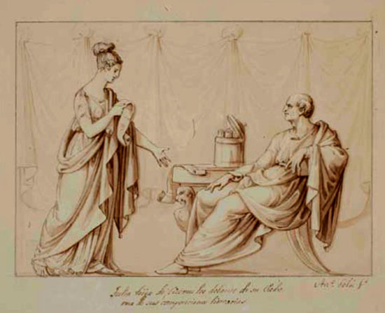 Antonio Solá (1782/83-1861). Tulia, hija de Cicerón, lee delante de su padre una de sus composiciones literarias, 1803-1861. Tinta y aguada sobre papel, 128 x 180 mm. Cat. D-7410